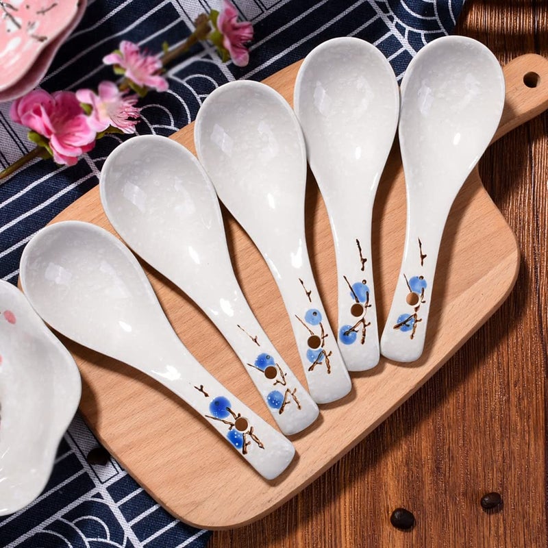 Whitenesser Ceramic Soup Spoon Set of 5 Japanese Style Blue Plum Asian Spoons Serving for Fruit Salad Ice Cream Oatmeal - Image 2